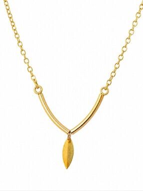 Vintage Gold Tone Curved Bar Necklace Leaf Pendant Minimalist Chain Jewelry
